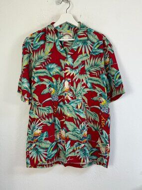 Paradise Found Mens Hawaiian Shirt Jungle Bird Red Parrot Aloha Button Up Medium